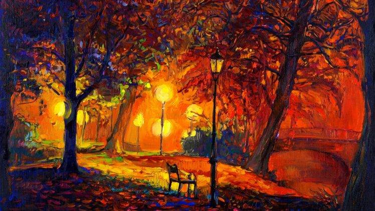 digital Art, Nature, Trees, Painting, Park, Bench, Lamps, Fall, Leaves, Modern Impressionism, Artwork HD Wallpaper Desktop Background
