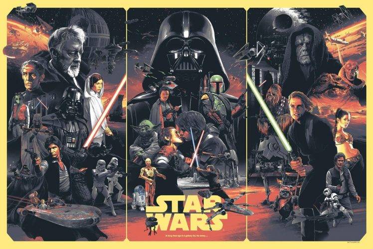 movie Poster, Star Wars, Leia Organa, Darth Vader, Luke Skywalker, Han Solo, Stormtrooper, Yoda, Boba Fett, Ewok, R2 D2, Grandmoff Tarkin, Obi Wan Kenobi, Jaba The Hut, Collage HD Wallpaper Desktop Background