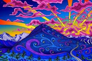 psychedelic, Colorful, Lines, Nature, Mountain, Trees, Snowy Peak, Moon, Sun Rays, Hill, Road, Artwork, Stars, Sky