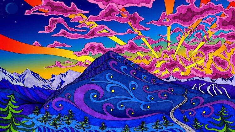psychedelic, Colorful, Lines, Nature, Mountain, Trees, Snowy Peak, Moon, Sun Rays, Hill, Road, Artwork, Stars, Sky HD Wallpaper Desktop Background