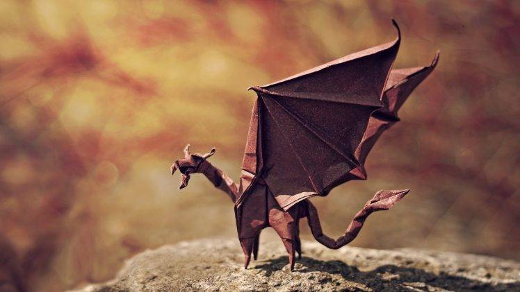 dragon, Origami, Artwork, Wings, Stone, Tail, Depth Of Field, Paper, Nature, Shadow, Miniatures HD Wallpaper Desktop Background
