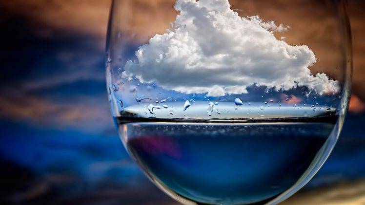 nature, Sky, Clouds, Water, Water Drops, Drinking Glass, Photo Manipulation, Artwork, Depth Of Field HD Wallpaper Desktop Background