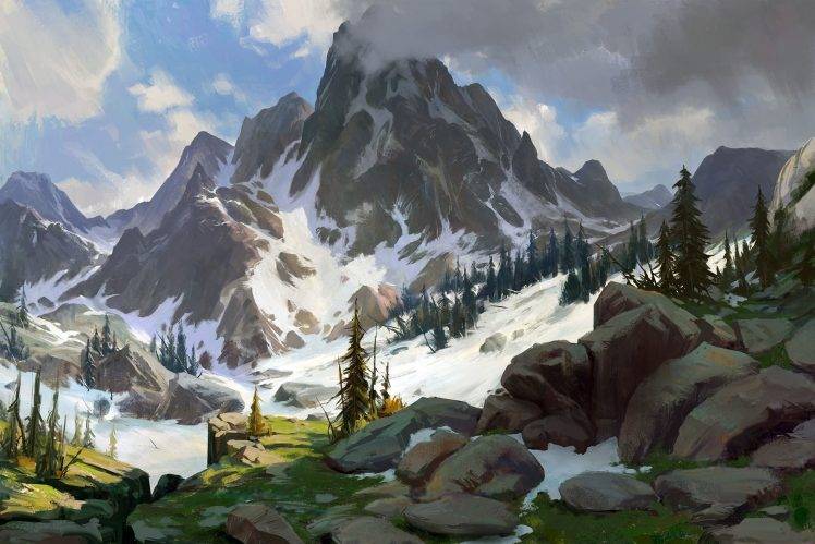 artwork, Drawing, Nature, Mountain, Snow HD Wallpaper Desktop Background