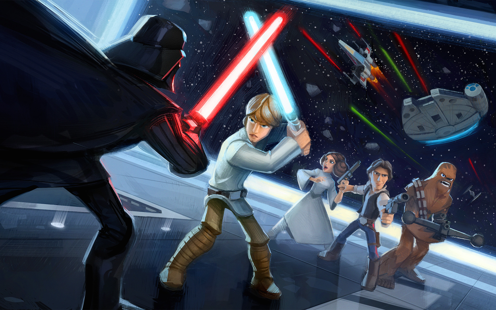 Star Wars, Han Solo, Luke Skywalker, Darth Vader, Princess Leia, Chewbacca, Millennium Falcon, Lightsaber, Disney Wallpaper