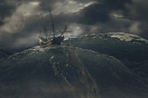 nature, Sea, Ship, Digital Art, Sailing Ship, Waves, Storm, Clouds, Sea Monsters, Fangs, Muzzles, Moon, Dark, Creature