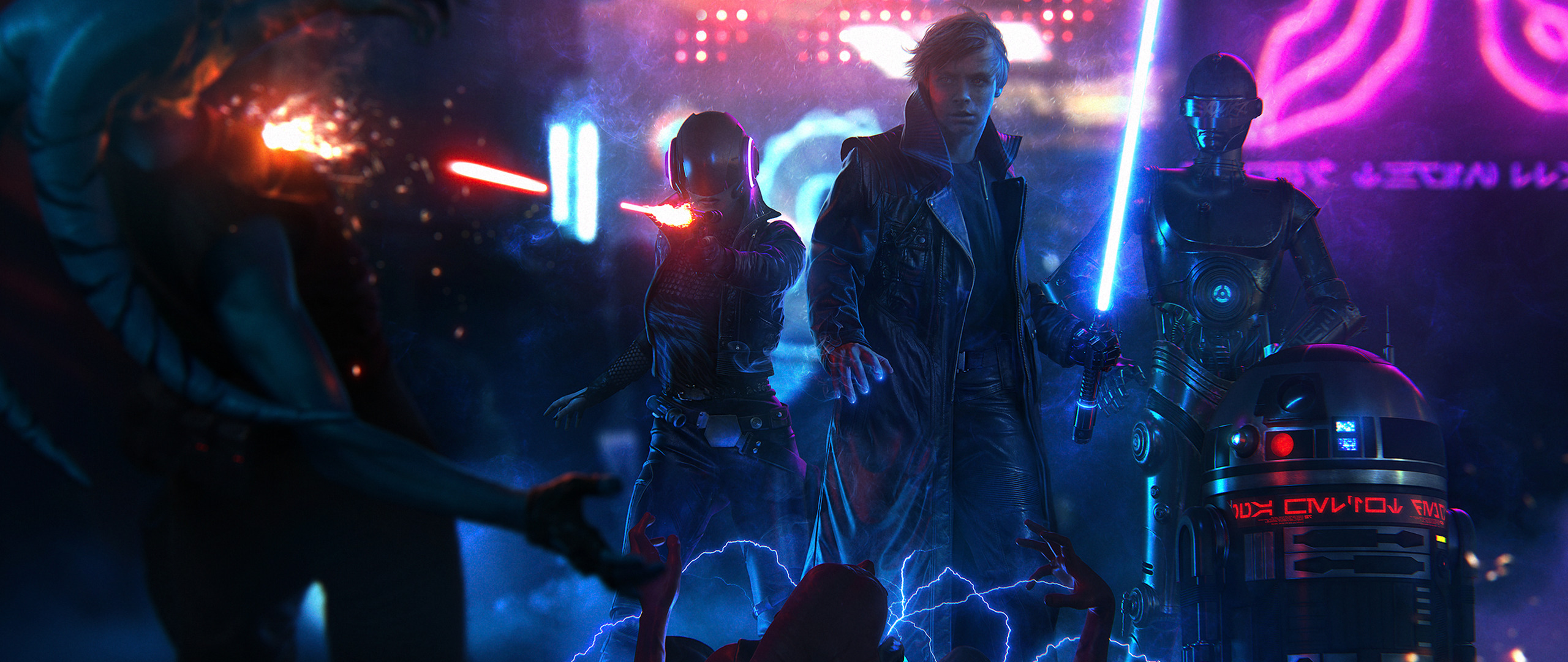 Luke Skywalker, Star Wars, Cyberpunk, Lightsaber, Ultrawide Wallpaper