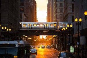 city, Street, USA, Street Light, Metro, Abstract, Urban, Chicago, Sunlight, Buses, Time, Orange, Car, Architecture, Train