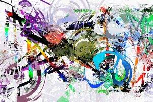 painting, Artwork, Abstract, Paint Splatter, Colorful, Motorcycle, Circle, Lines, White Background