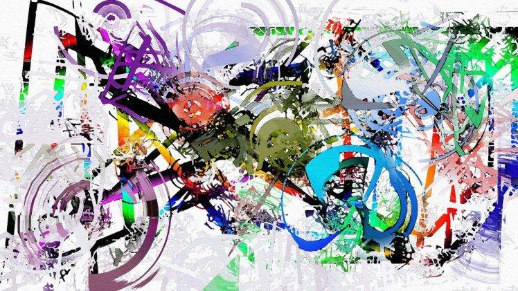 painting, Artwork, Abstract, Paint Splatter, Colorful, Motorcycle, Circle, Lines, White Background HD Wallpaper Desktop Background