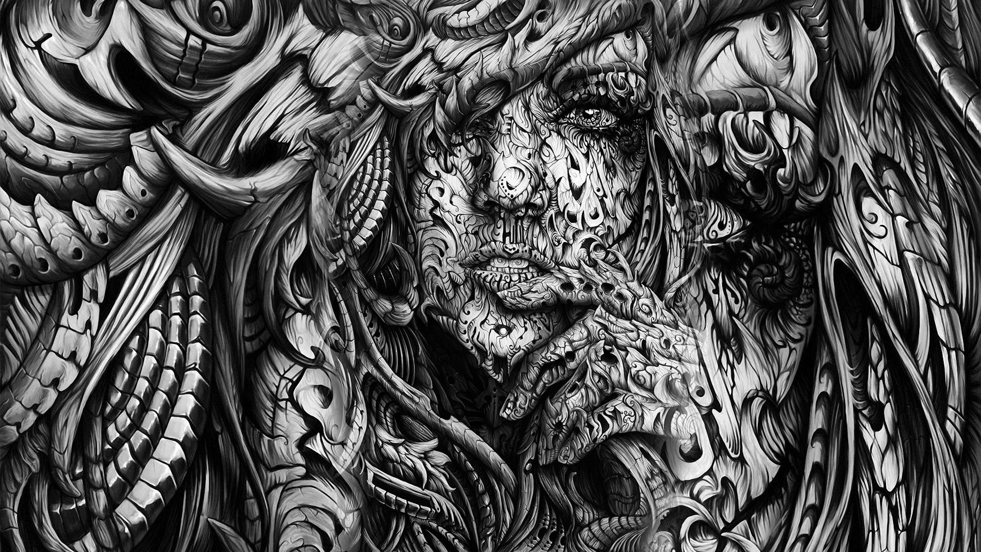 face, Hands, Open Mouth, Women, Monochrome, Black, White, Digital Art, Artwork, 3D, Abstract Wallpaper