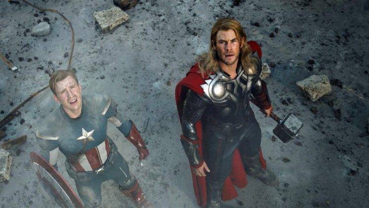 movies, The Avengers, Thor, Captain America, Looking Up, Chris Hemsworth, Chris Evans HD Wallpaper Desktop Background