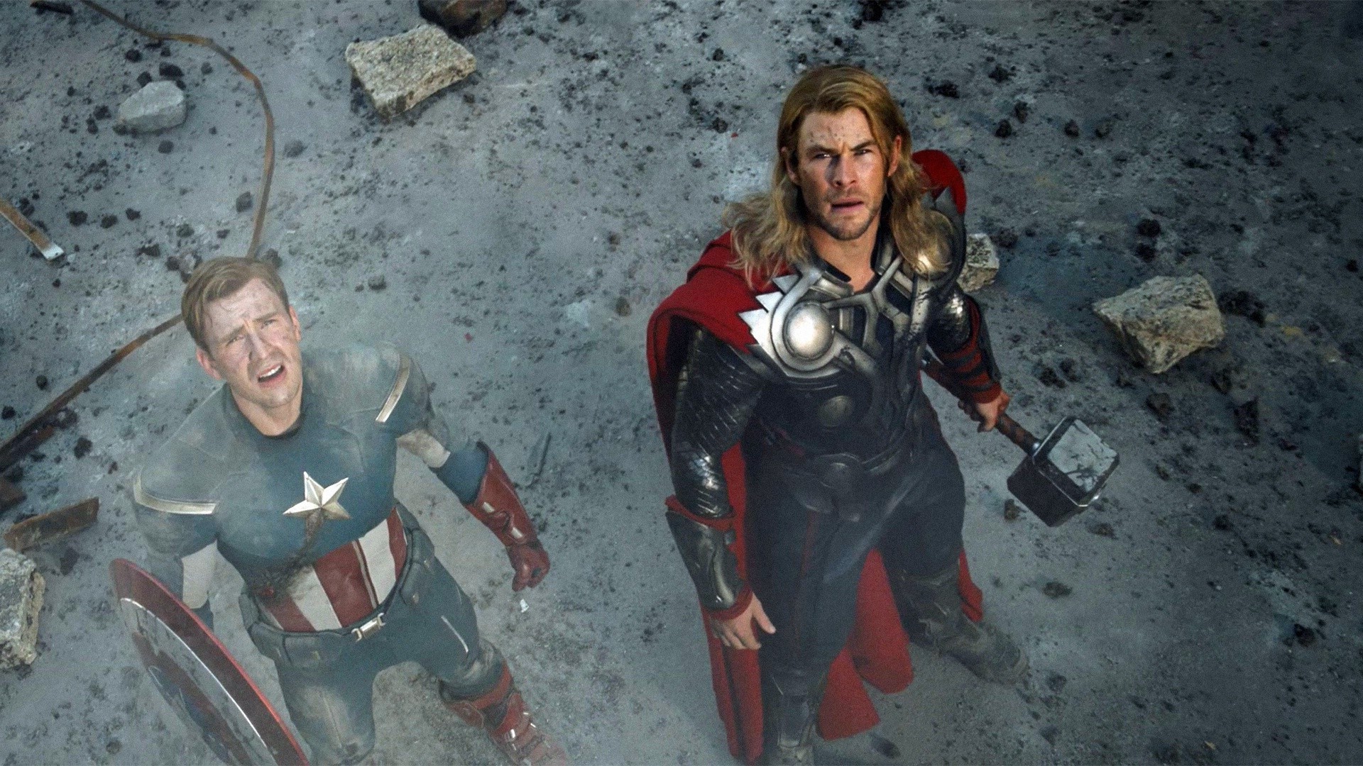 movies, The Avengers, Thor, Captain America, Looking Up, Chris Hemsworth, Chris Evans Wallpaper