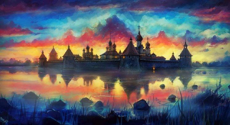 castle, Artwork, Lake, Clouds, Colorful HD Wallpaper Desktop Background