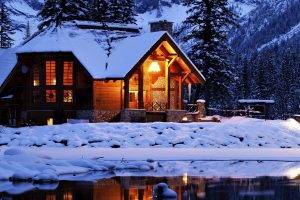 hut, Winter, Snow, Lake