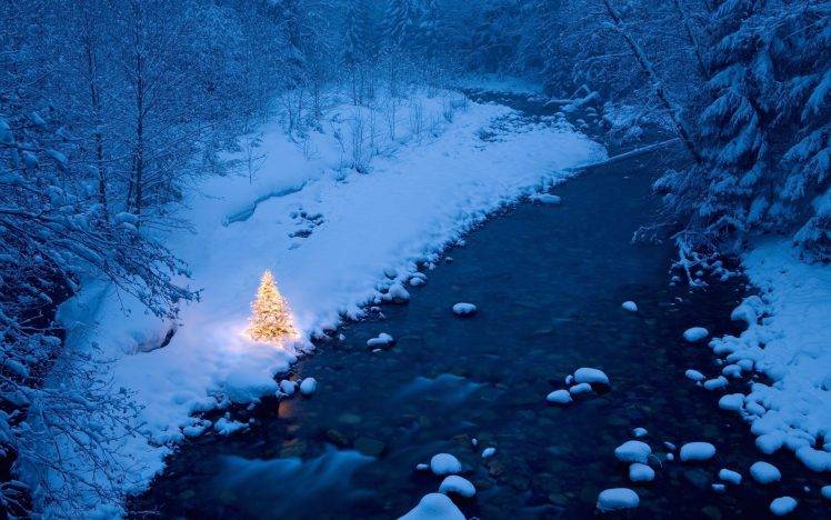 river, Christmas, Trees, Snow, Christmas Tree, Forest HD Wallpaper Desktop Background