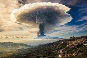 nature, Etna, Volcano, Eruption, Sicily, Italy, Snowy Peak, Mushroom, Smoke, Sky, Clouds, Town, Mountain