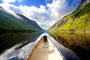 nature, Mountain, Sky, Green, Water, Clouds, Canoes