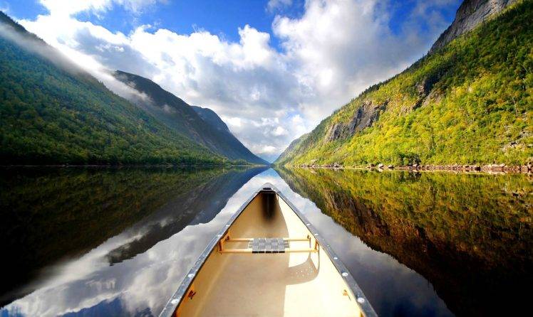 nature, Mountain, Sky, Green, Water, Clouds, Canoes HD Wallpaper Desktop Background