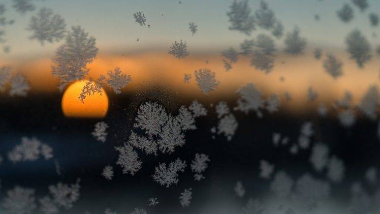 nature, Sun, Sunset, Glass, Winter, Snow, Snow Flakes, Depth Of Field, Clouds, Blurred, Frost, Photography HD Wallpaper Desktop Background