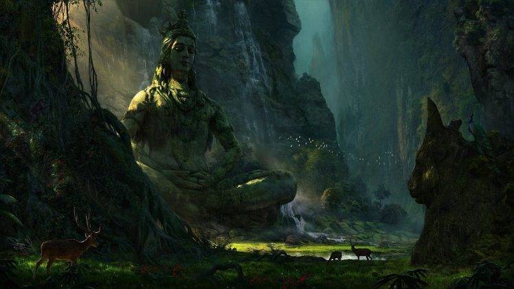 mountain, Deer, Landscape, Earth, Statue, Lake, Waterfall, Shiva, Nature HD Wallpaper Desktop Background