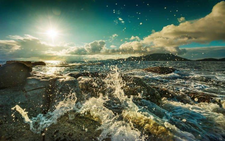 photography, Nature, Water, Sea, Landscape, Coast, Rock, Sun, Waves HD Wallpaper Desktop Background