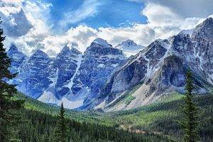 landscape, Nature, Mountain, Forest, Snowy Peak, Clouds, Pine Trees, Banff National Park, Canada