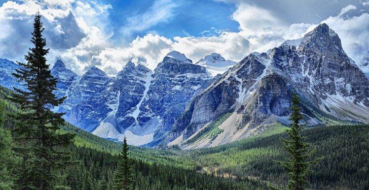 landscape, Nature, Mountain, Forest, Snowy Peak, Clouds, Pine Trees, Banff National Park, Canada HD Wallpaper Desktop Background