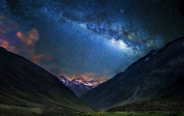landscape, Nature, Mountain, Starry Night, Milky Way, Galaxy, Dirt Road, Snowy Peak, Chile, Long Exposure HD Wallpaper Desktop Background