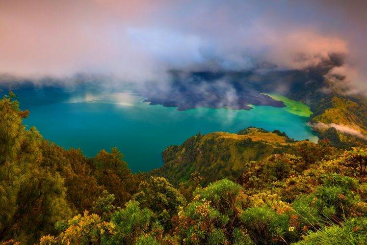 landscape, Nature, Lake, Turquoise, Water, Forest, Mountain, Clouds, Indonesia HD Wallpaper Desktop Background