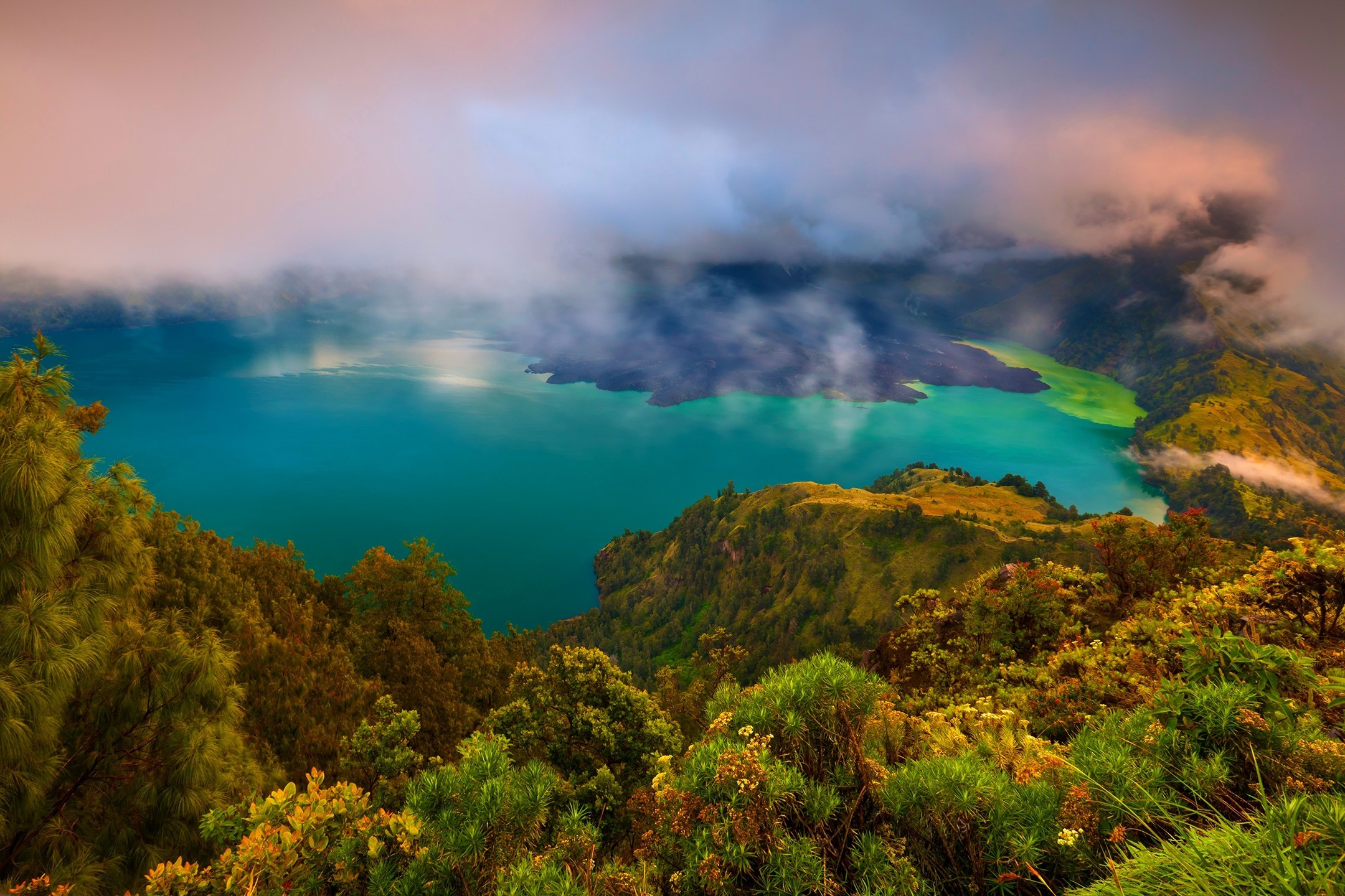 landscape, Nature, Lake, Turquoise, Water, Forest, Mountain, Clouds, Indonesia Wallpaper