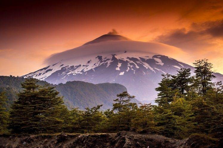 nature, Landscape, Mountain, Sunset, Forest, Clouds, Snowy Peak, Orange, Sky, Chile HD Wallpaper Desktop Background