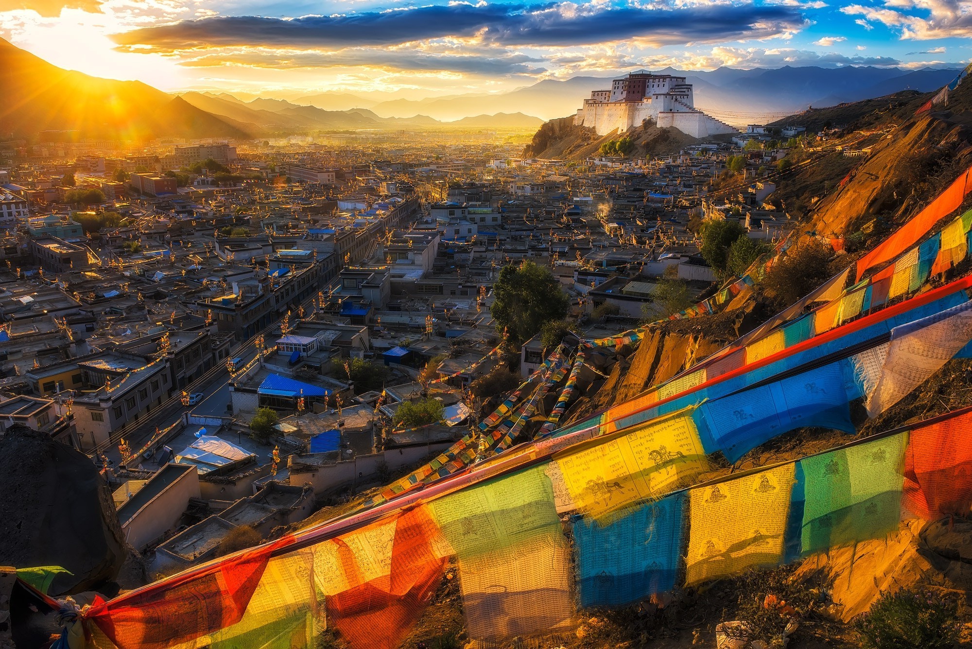 nature, Landscape, Monastery, Temple, Cityscape, Flag, Mountain, Buddhism, Sunset, Clouds, Tibet, Lhasa Wallpaper