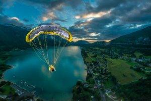 nature, Landscape, Flying, Paragliding, Lake, Mountain, City, Field, Sunset, Clouds, France