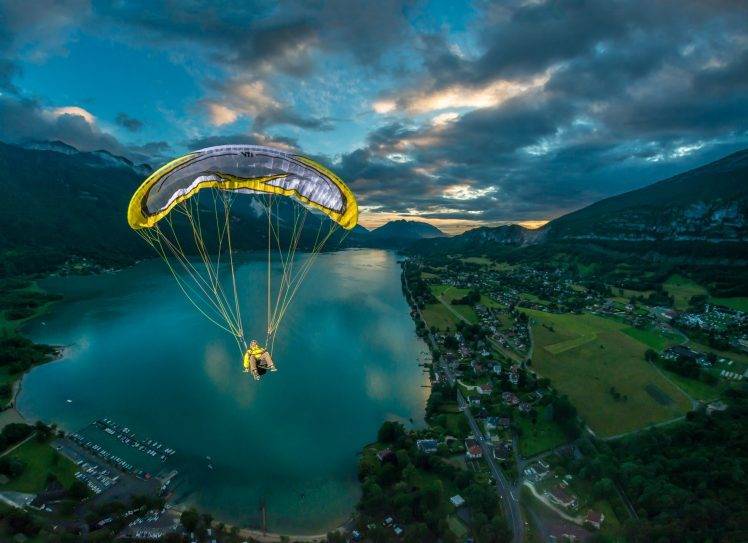 nature, Landscape, Flying, Paragliding, Lake, Mountain, City, Field, Sunset, Clouds, France HD Wallpaper Desktop Background