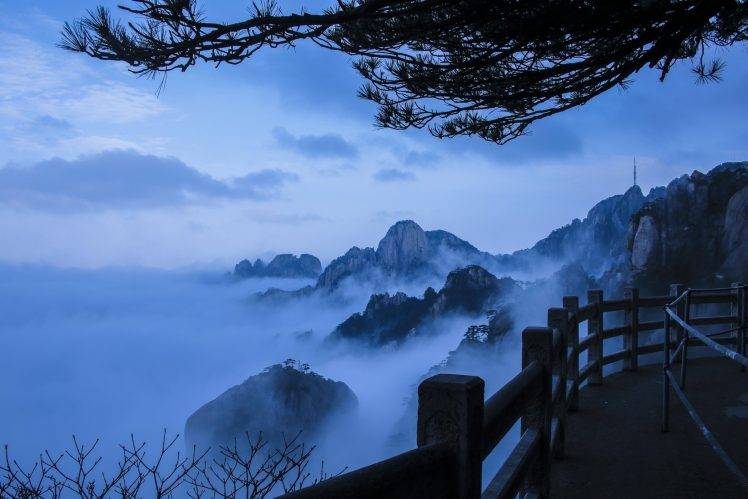 nature, Landscape, Mist, Mountain, Walkway, Sunrise, Morning, Blue, Trees, China HD Wallpaper Desktop Background