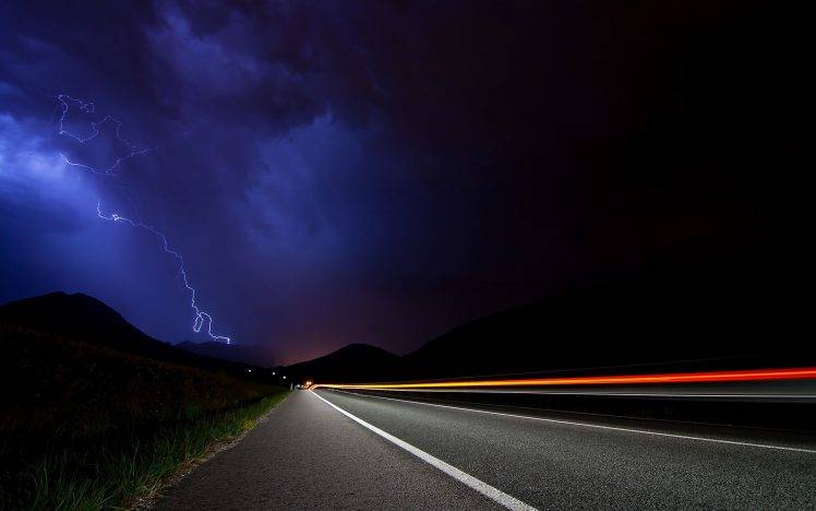photography, Landscape, Nature, Night, Lightning, Storm, Road, Long Exposure HD Wallpaper Desktop Background