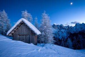 hut, Winter, Snow, Mountain, Landscape