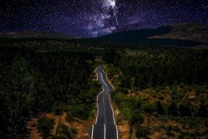 nature, Landscape, Starry Night, Road, Milky Way, Galaxy, Forest, Mountain, Chile, Long Exposure