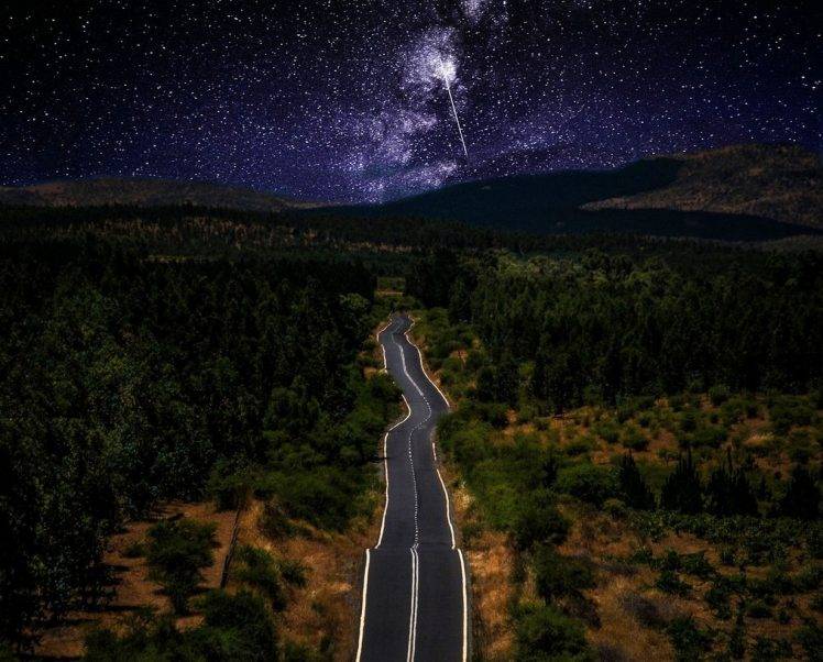 nature, Landscape, Starry Night, Road, Milky Way, Galaxy, Forest, Mountain, Chile, Long Exposure HD Wallpaper Desktop Background