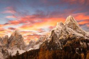 nature, Landscape, Sunset, Mountain, Snowy Peak, Sky, Forest, Fall, Dolomites (mountains), Italy