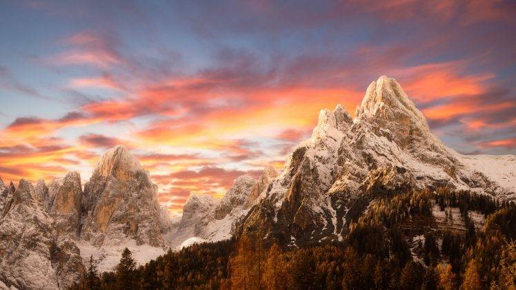 nature, Landscape, Sunset, Mountain, Snowy Peak, Sky, Forest, Fall, Dolomites (mountains), Italy HD Wallpaper Desktop Background