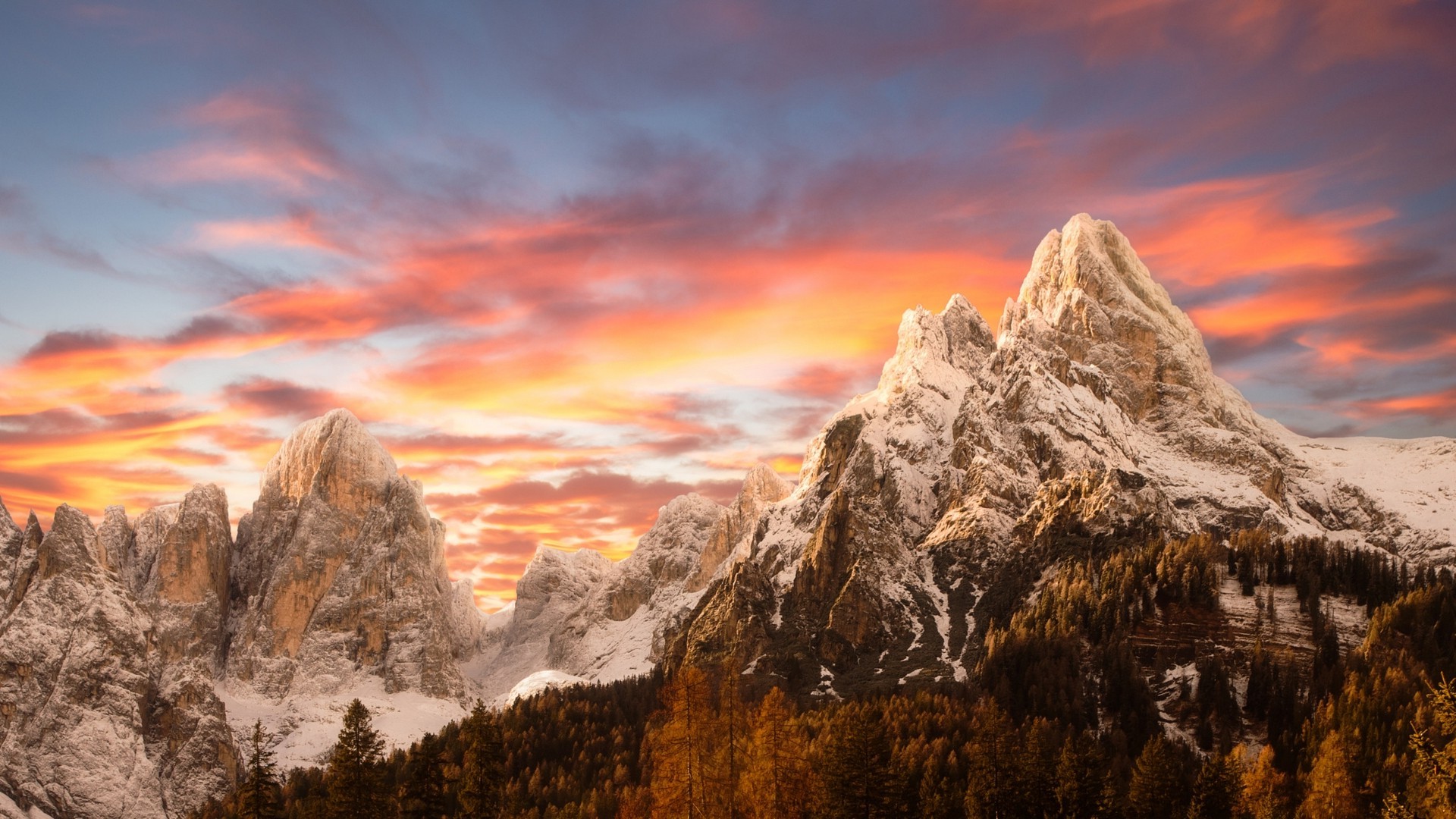 nature, Landscape, Sunset, Mountain, Snowy Peak, Sky, Forest, Fall, Dolomites (mountains), Italy Wallpaper