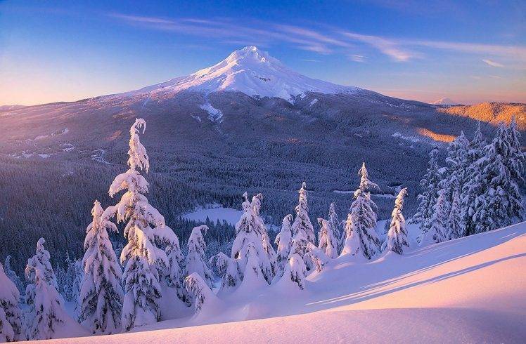 nature, Landscape, Sunrise, Mountain, Snow, Forest, Lake, Frost, Snowy Peak, Mount Hood, Winter, Pine Trees, Oregon HD Wallpaper Desktop Background