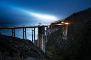 nature, Landscape, Light Trails, Bridge, Sunset, Sea, Blue, Mountain, Coast, California