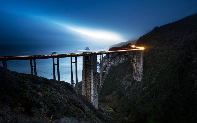 nature, Landscape, Light Trails, Bridge, Sunset, Sea, Blue, Mountain, Coast, California HD Wallpaper Desktop Background