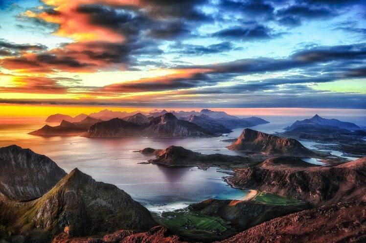 nature, Landscape, Sunset, Mountain, Sea, Beach, Clouds, Sky, Lofoten Islands, Summer, Norway HD Wallpaper Desktop Background