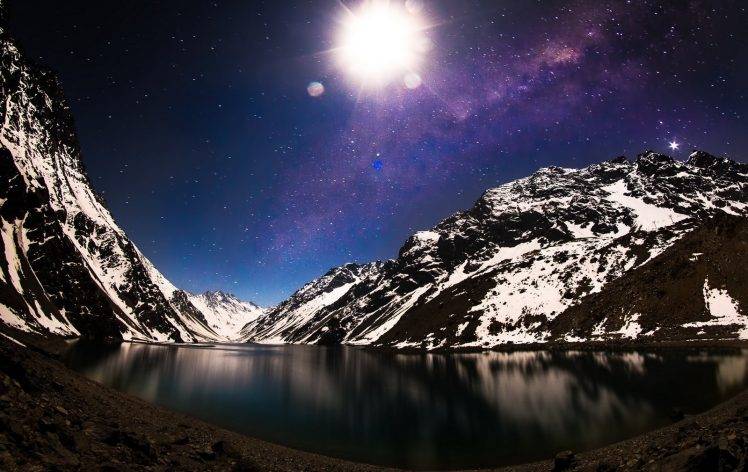 nature, Landscape, Lake, Mountain, Snow, Milky Way, Galaxy, Moon, Starry Night, Winter, Moonlight, Chile, Long Exposure HD Wallpaper Desktop Background