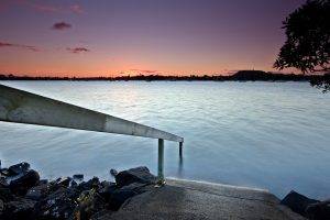 photography, Coast, Landscape, Stairs, Rock Stairs, Dusk, Boat, Water, Bucklands Beach
