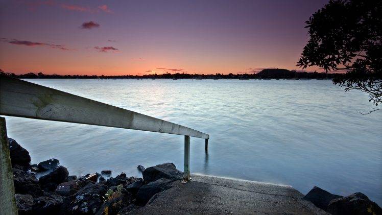 photography, Coast, Landscape, Stairs, Rock Stairs, Dusk, Boat, Water, Bucklands Beach HD Wallpaper Desktop Background