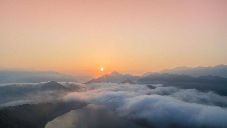 landscape, Nature, Sunrise, Mountain, Clouds, Lake, Mist, Aerial View HD Wallpaper Desktop Background